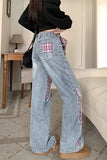 High Waist Bow Plaid Splicing Jeans Pants
