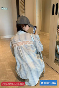 Long Sleeve Striped Lace Hollow Out Patchwork Blouse Shirt