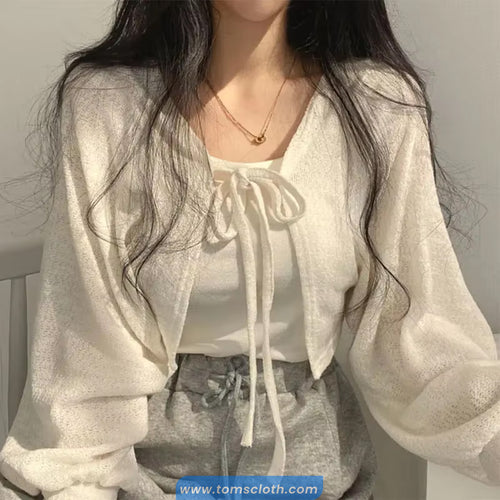 Lantern Sleeve Lace Up Knitted Cropped Cardigan