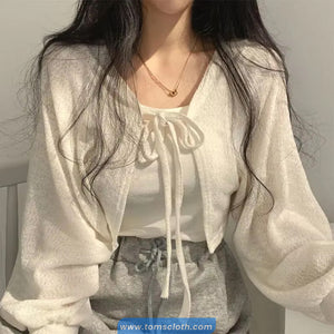 Lantern Sleeve Lace Up Knitted Cropped Cardigan