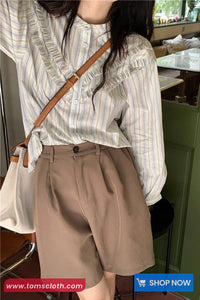 Long Sleeve Vintage Ruffles Striped Blouse Shirt