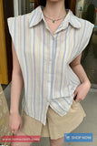 Turn Down Collar Retro Sleeveless Striped Blouse Shirt