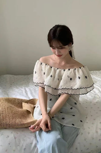 Elegant Off Shoulder Floral Pattern Ruffles Blouse Shirt