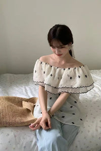 Elegant Off Shoulder Floral Pattern Ruffles Blouse Shirt