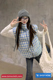 Loose Stand Collar Sleeveless Blue Plaid Vest Parkas Jacket