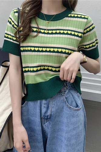 Short Sleeve Loves Pattern Knitted Green Shirt