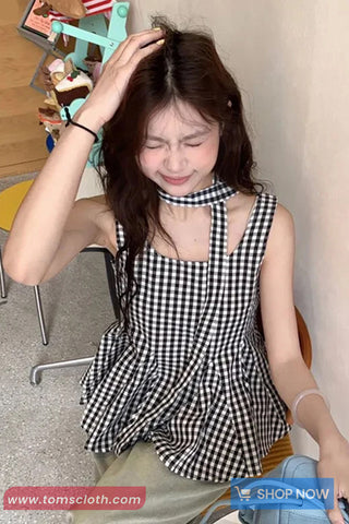 Cute Lace Up Sleeveless Plaid Summer Shirt
