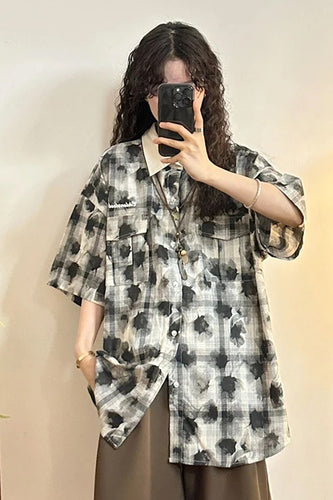 Short Sleeve Turn Down Collar Tie Dye Plaid Blouse Shirt