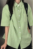 Short Sleeve Green Plaid Colors Blouse Shirt