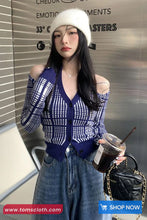 Long Sleeve Sexy Off Shoulder Blue Plaid Knitted Shirt