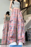 Casual Pink Plaid Pattern Cargo Jogger Pants