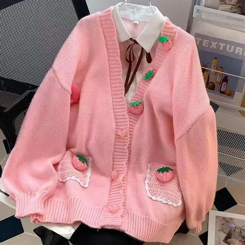 Long Sleeve V-Neck 3D Strawberry Knitted Cardigan Sweater