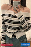 Long Sleeve Sexy Cropped Slash Neck Striped Sweater