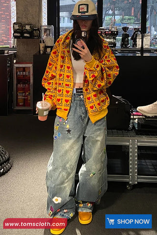 Loose Cute Theme Pattern Retro Jeans Pants