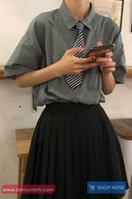 Short Sleeve Vintage Plaid Cute Tie Blouse Shirt
