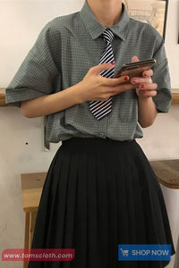 Short Sleeve Vintage Plaid Cute Tie Blouse Shirt