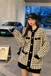 Long Sleeve Retro Plaid Knitted Cardigan Sweater