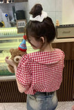 Person wearing a red and white checkered shirt holding a teddy bear in a store.