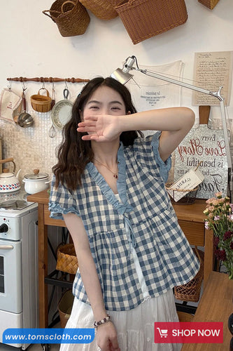 Short Sleeve Retro V-Neck Plaid Blouse Shirt