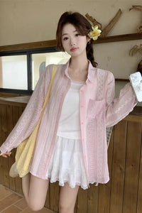Long Sleeve Retro Pattern See Through Blouse Shirts