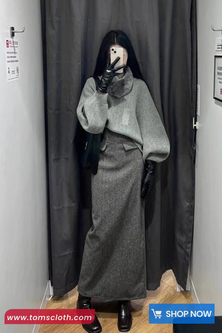 High Waist Elegant Woolen Back Slit Skirts