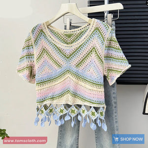 Short Sleeve Pastel Colors Crochet Knitted Shirts