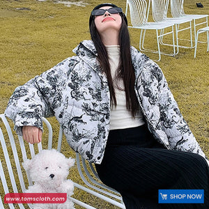 Loose Stand Collar Ink Painting Printed Parkas Coat Jacket
