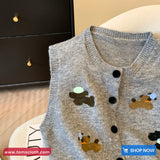 Cute Puppy Embroidered Knitted Sleeveless Vest Sweater