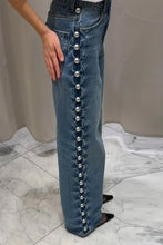 High Waist Side Beading Pearls Jeans Pants
