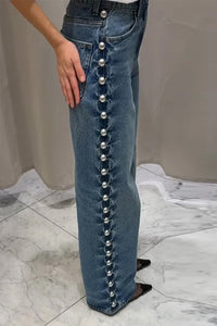 High Waist Side Beading Pearls Jeans Pants