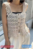 Square Neck Front Button Crochet Tops