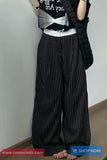 Loose Elegant Black Striped Office Pants