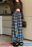 High Waist Loose Vintage Blue Plaid Pants