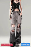 High Waist Hole Ripped Retro Gradient Grey Jeans Pants