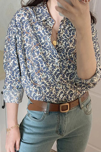 Long Sleeve Cute Blue Floral Blouse Shirt