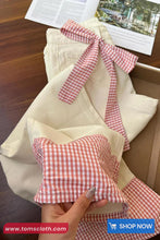 High Waist Bow Pink Plaid Patchwork Beige Jeans Pants