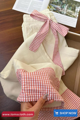 High Waist Bow Pink Plaid Patchwork Beige Jeans Pants
