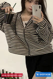Long Sleeve Striped Hooded Zipper Cardigan