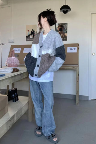 Long Sleeve Block Plaid Tassel V-Neck Cardigan Sweater