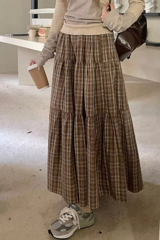 High Waist Vintage Plaid Elegant Long Skirts