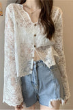 Long Sleeve V-Neck Embroidered Crochet Shirt