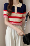 Turn Down Collar Knitted Colorful Striped Shirt