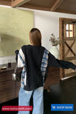 Long Sleeve Plaid Patchwork Knitted Black Sweater