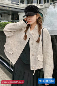 Loose Semi High Collar Retro Tweed Jacket