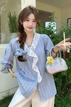 Long Sleeve Lace Neck Striped Blouse Shirts