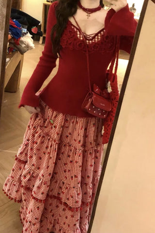 Retro Cute Strawberry Printed Long Skirts