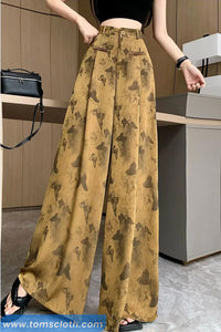Loose Butterfly Pattern Satin Long Pants