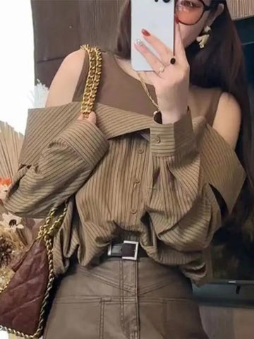Off Shoulder Elegant Striped Blouse Shirts