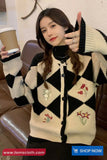 Long Sleeve Flower Embroidered Argyle Cardigan Sweater