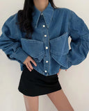 Long Sleeve Butterfly Pocket Denim Blouse Shirts